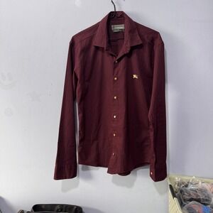 Burberry London Mens Long Sleeve Shirt Burgundy Textured Gold metal Knight Logo